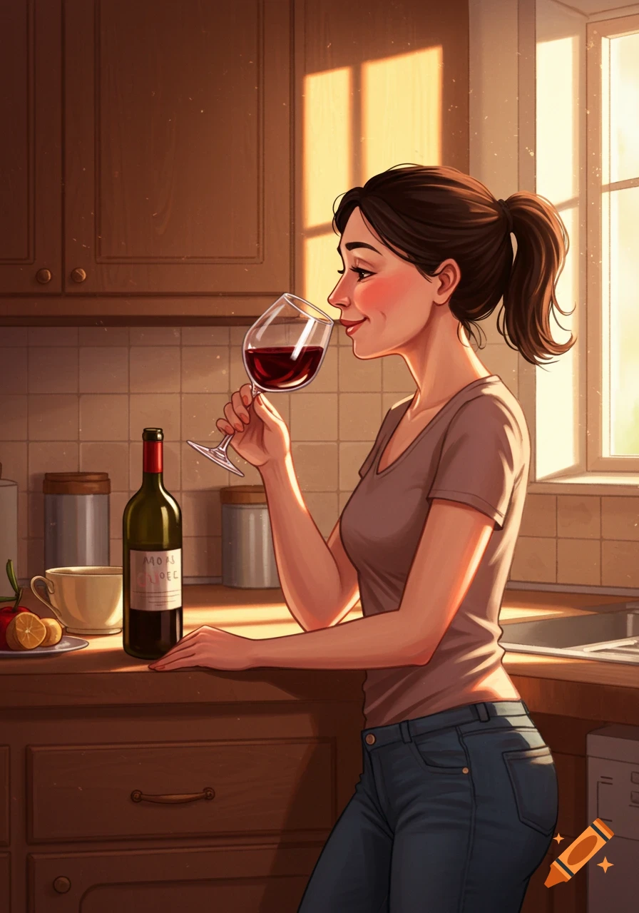 An illustrated woman with a ponytail smiles while smelling a glass of red wine in a sunlit kitchen.
