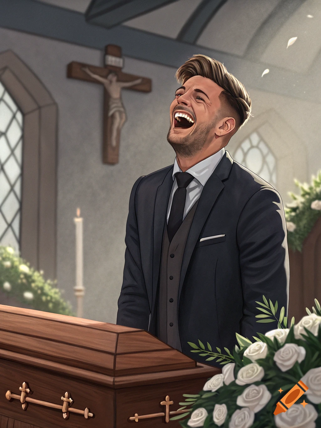 An illustrated man in a black suit laughs loudly, head tilted back, standing near a coffin adorned with flowers in a church.