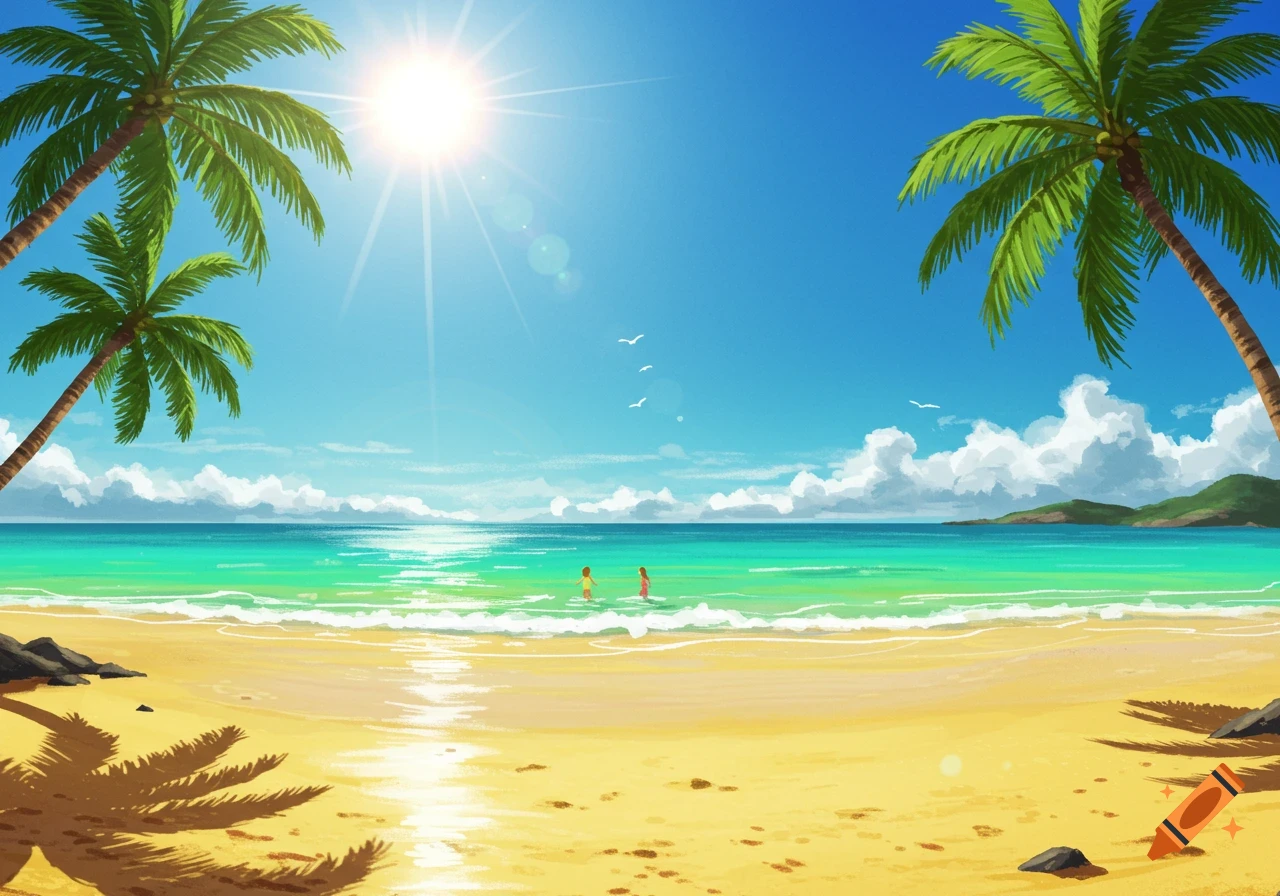 A vibrant illustration of a sunny tropical beach with palm trees, a clear blue sky, and two small figures wading in the turquoise ocean.