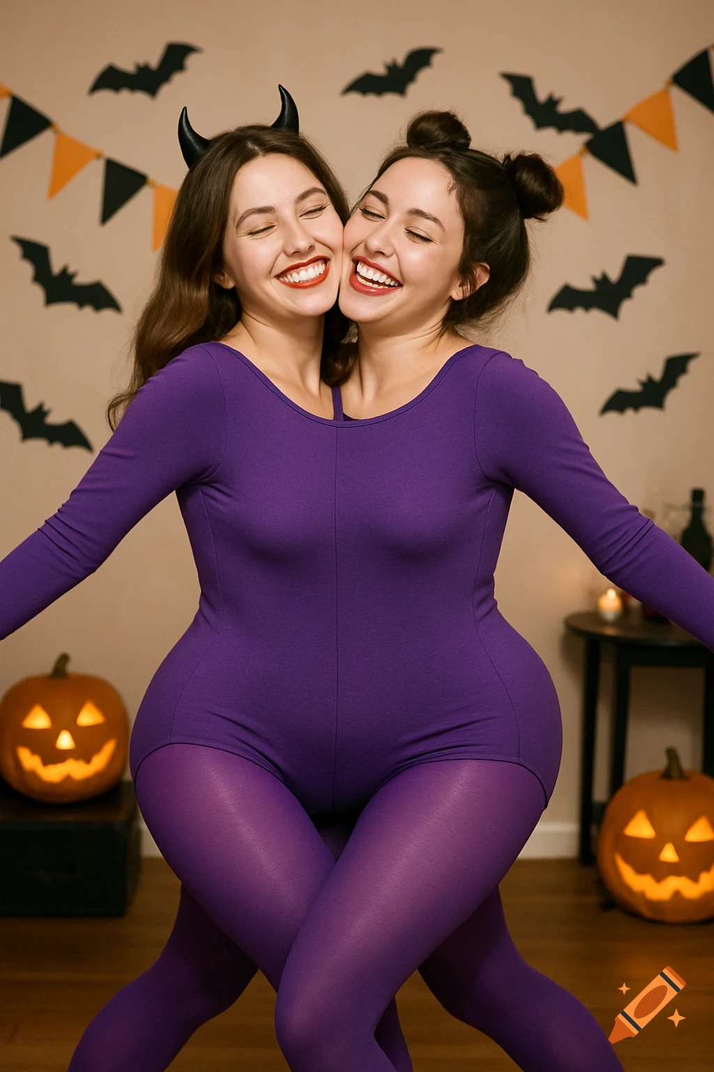 Two smiling women in a purple leotard create a two-headed illusion at a Halloween party, with bat decorations and pumpkins.