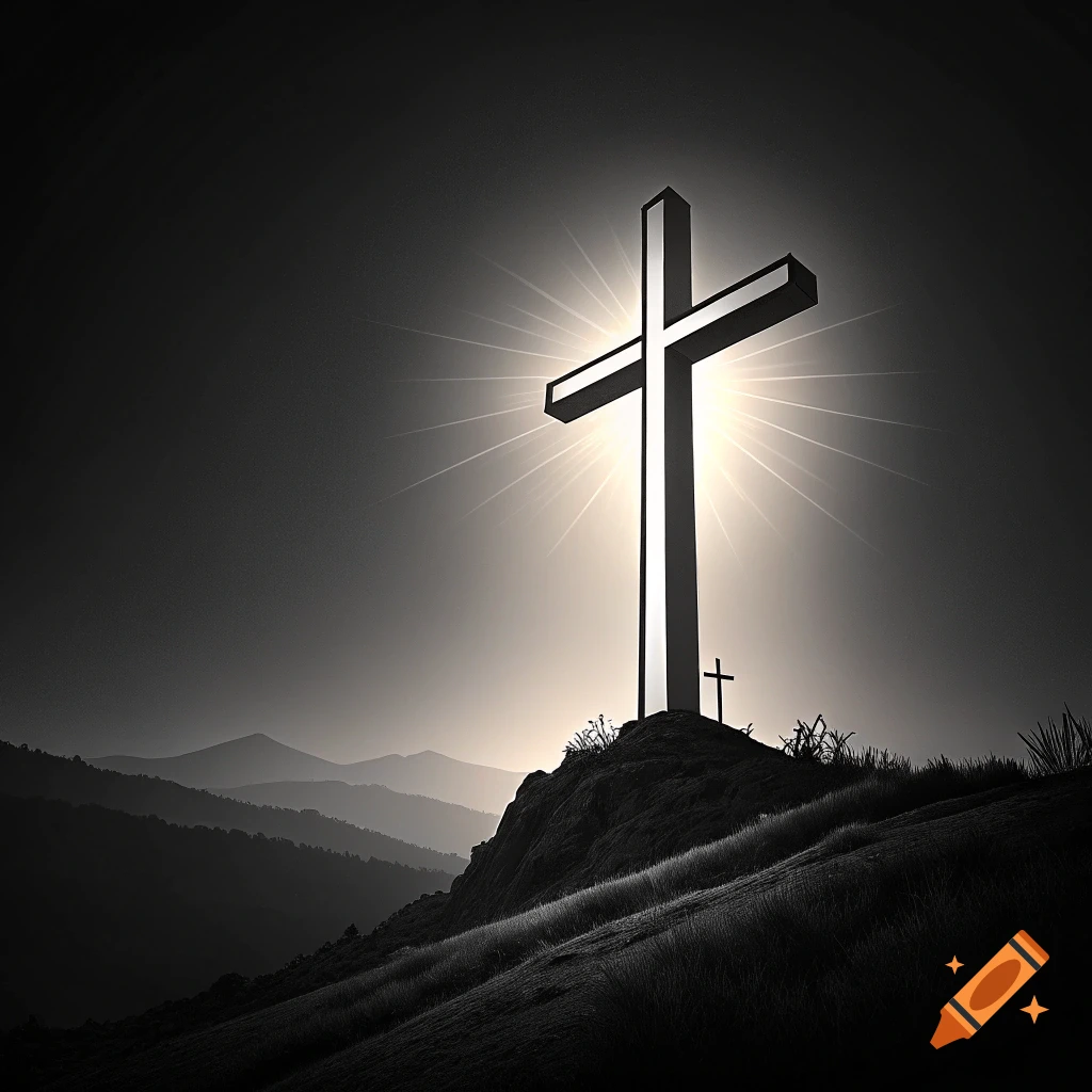 Monochrome image of a large, glowing cross on a hillside, with a smaller cross behind it and layered mountains in the distance.