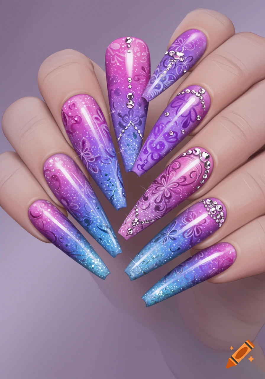 Hands display coffin-shaped nails with a pink-purple-blue gradient, detailed floral patterns, glitter, and rhinestones.