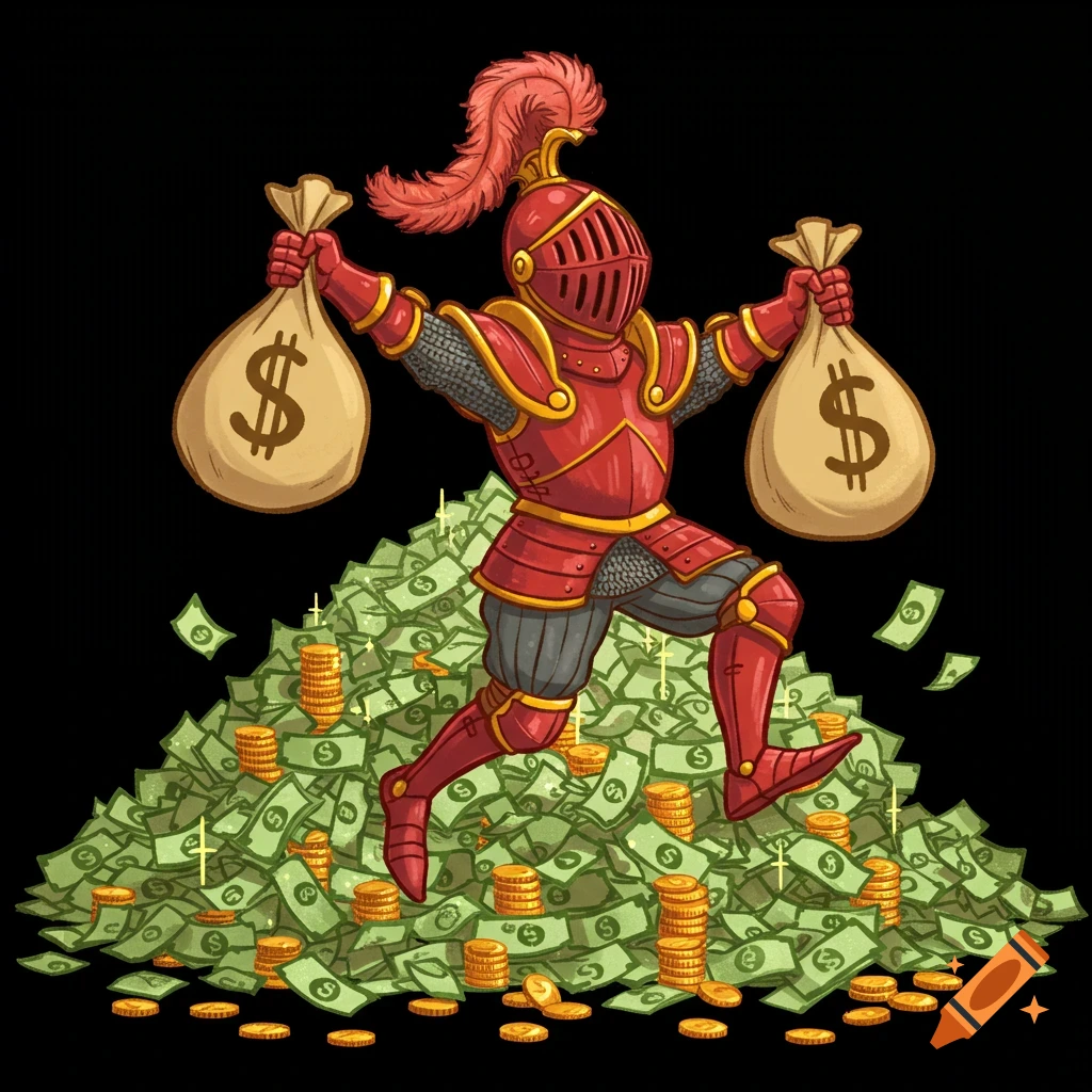 A cartoon knight in red and gold armor with a feathered helmet jumps on a pile of cash, holding two money bags.
