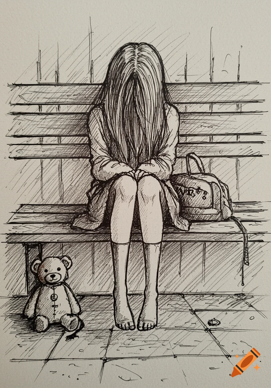 A sketch of a neglected young girl with long hair covering her face, sitting on a bench with a teddy bear next to her.