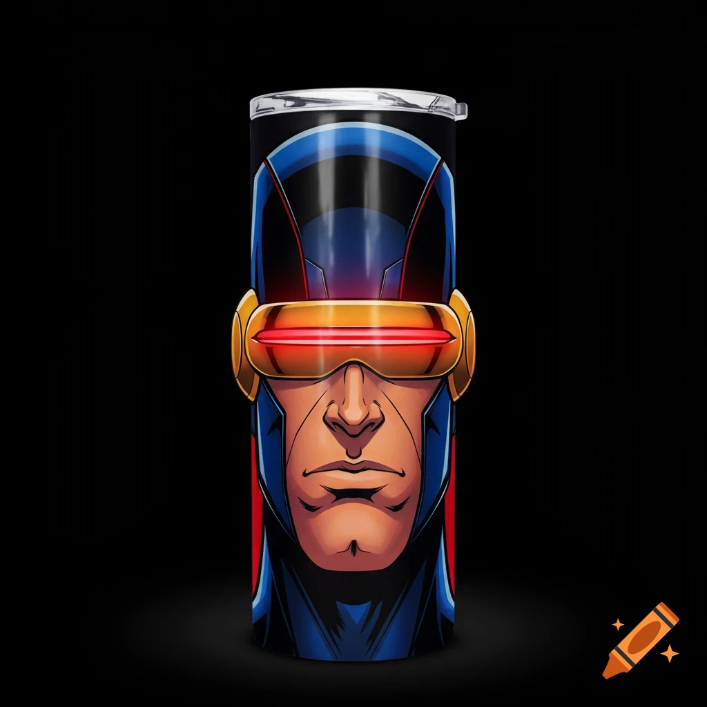 A black tumbler with a stylized illustration of Cyclops from X-Men, featuring his blue and red suit and gold visor with a red beam.