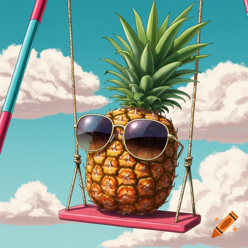 A vibrant cartoon pineapple with sunglasses sits on a pink swing under a cloudy blue sky.