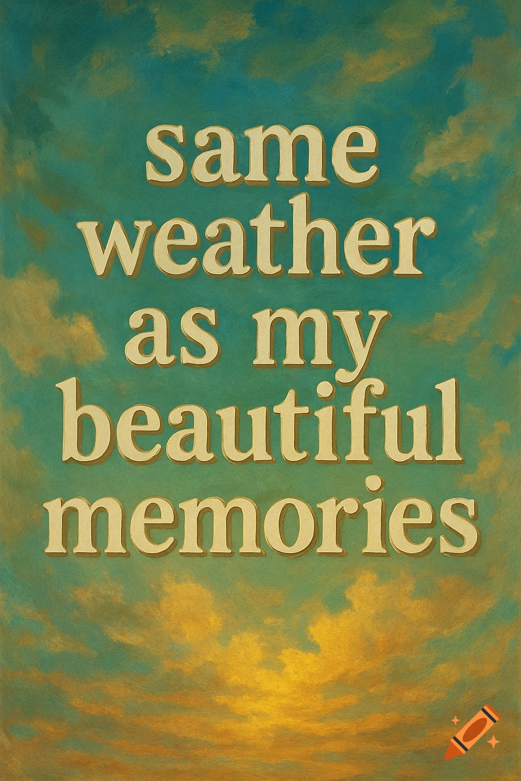 Text "same weather as my beautiful memories" on a textured sky background with teal clouds at top and orange clouds at bottom, like a sunset painting.