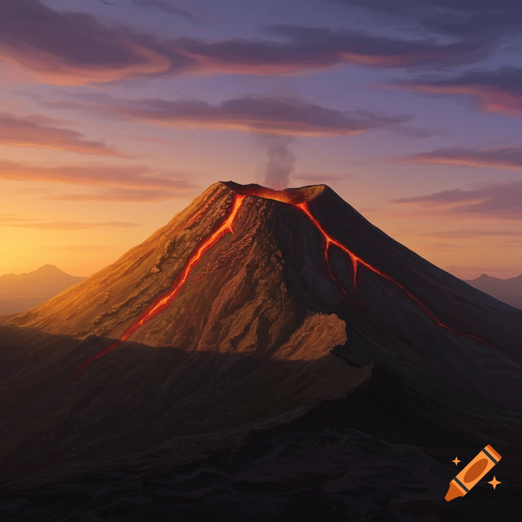 A dramatic view of an erupting volcano with glowing lava streams flowing down its sides at sunset.