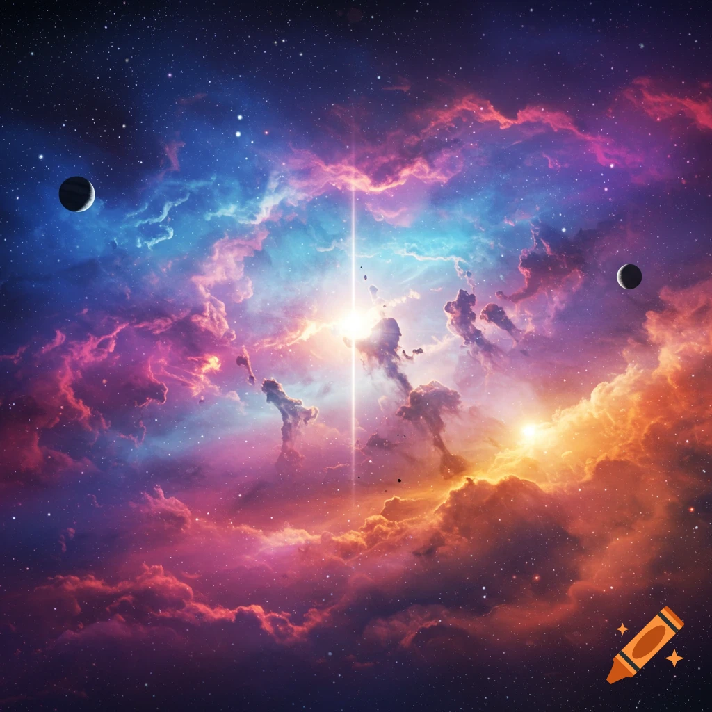 A vibrant and colorful nebula in deep space with two planets and a bright central light.
