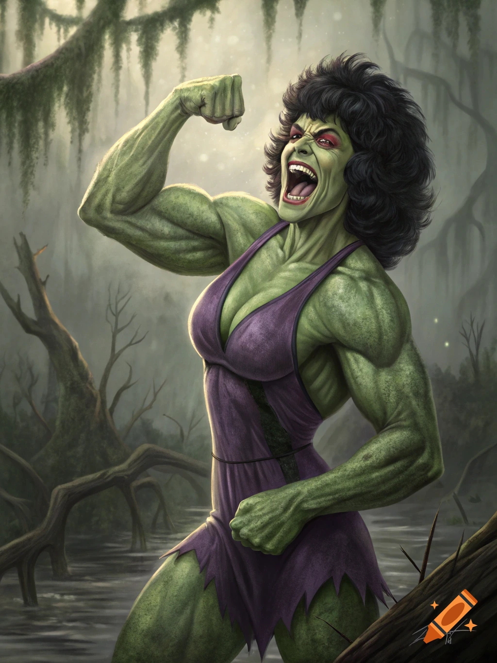 A muscular, green-skinned female swamp creature in a ripped purple dress flexes her bicep and screams in a misty swamp.
