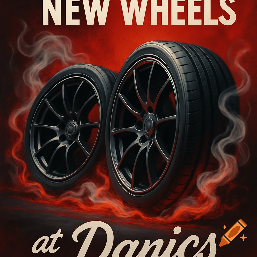 Two black car wheels surrounded by red smoke on a dark red background, with the text 'NEW WHEELS' at the top and 'at Danics' at the bottom.