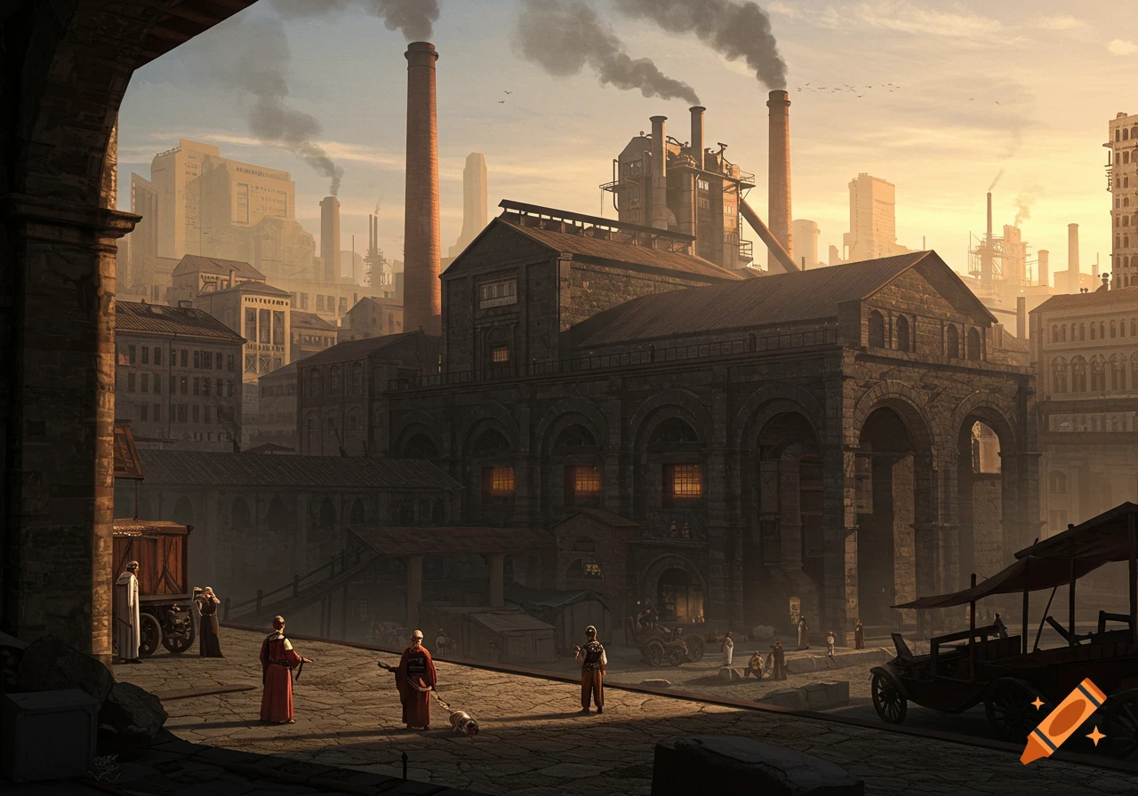 An industrial city at dusk, with large factory buildings, tall smoking chimneys, and people walking on cobblestone streets.