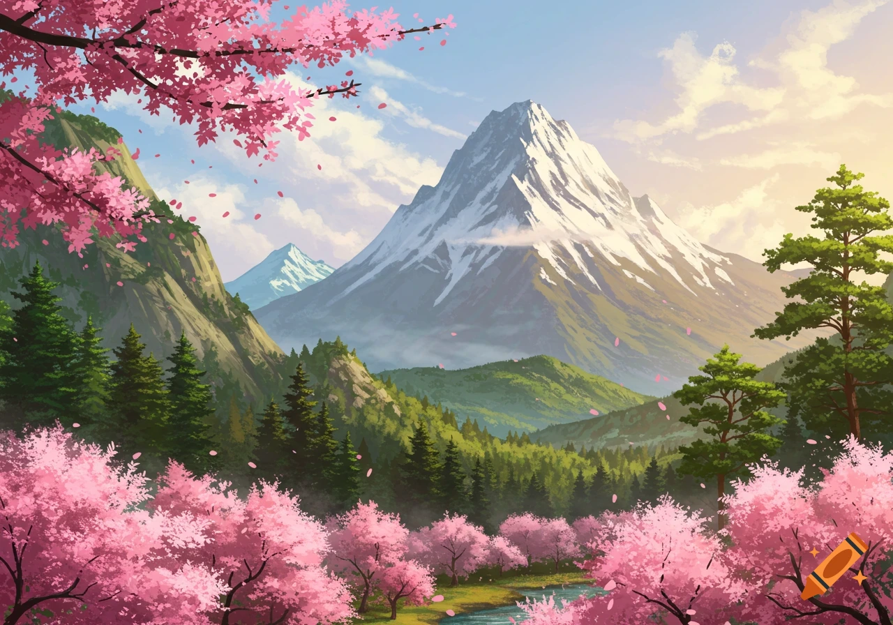 A vibrant anime-style landscape with pink cherry blossom trees, a winding river, and majestic snow-capped mountains under a blue sky.