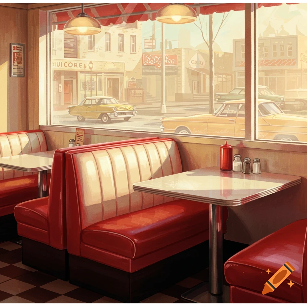 A vintage diner interior with red booths and white tables, looking out a large window at a sunlit street with classic cars and buildings.