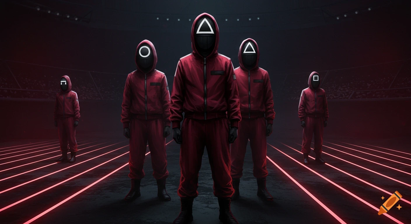 Five masked guards in red jumpsuits with geometric symbols stand in a dark arena with glowing red lines.