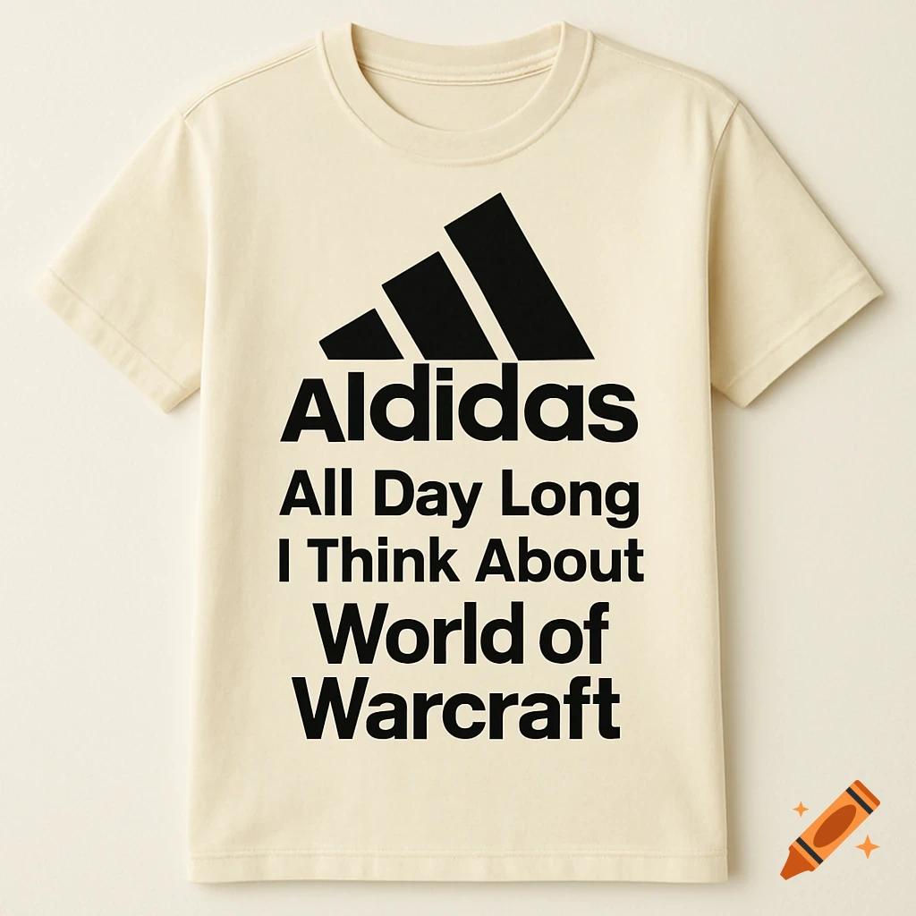 An off-white t-shirt with a black parody Adidas logo and text saying 'Aldidas All Day Long I Think About World of Warcraft'.