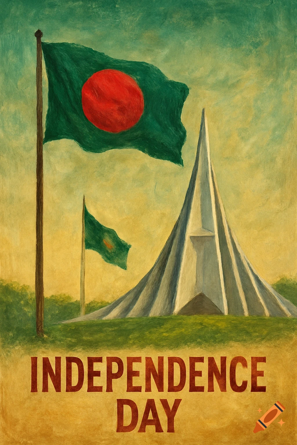 Vintage poster of Bangladesh flag and National Martyrs' Memorial with 'INDEPENDENCE DAY' text.