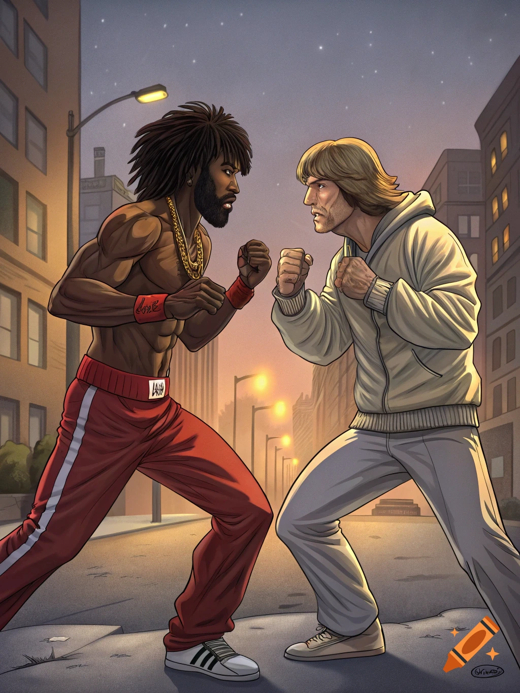 Two men, one with dreadlocks and the other with blond hair, face off in a fighting stance on a city street at dusk, depicted in a stylized comic art style.