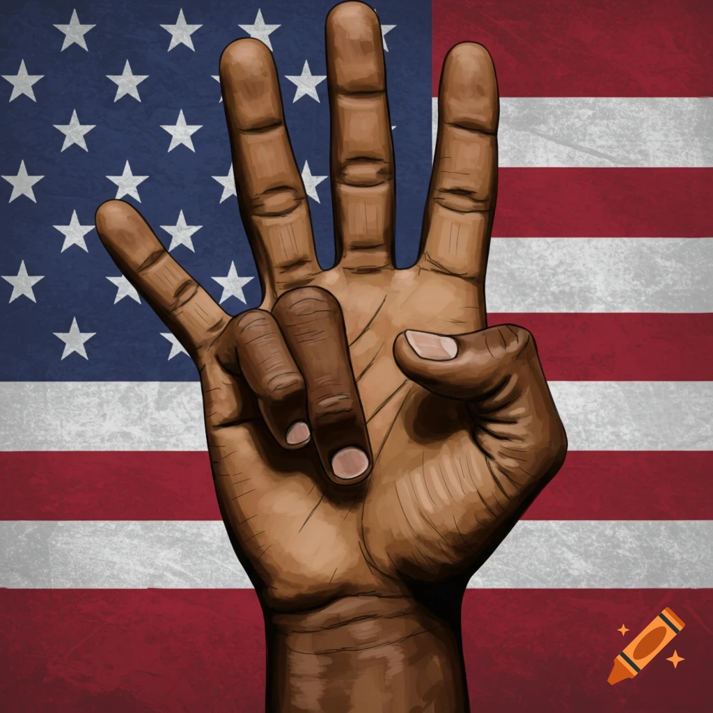 A stylized brown hand making a gesture with four fingers extended and a thumb, set against a distressed American flag background.