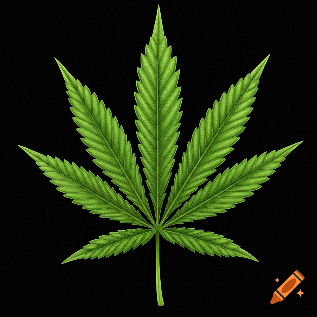 A green cannabis leaf against a black background.
