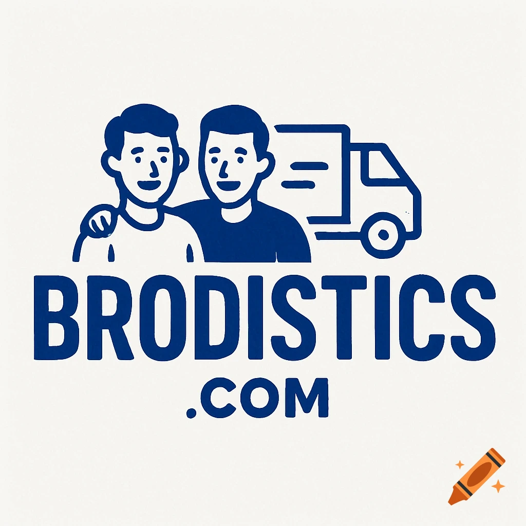 A blue and white logo depicting two smiling cartoon men with an arm around each other, a minimalist delivery truck, and the text 'BRODISTICS.COM' below.