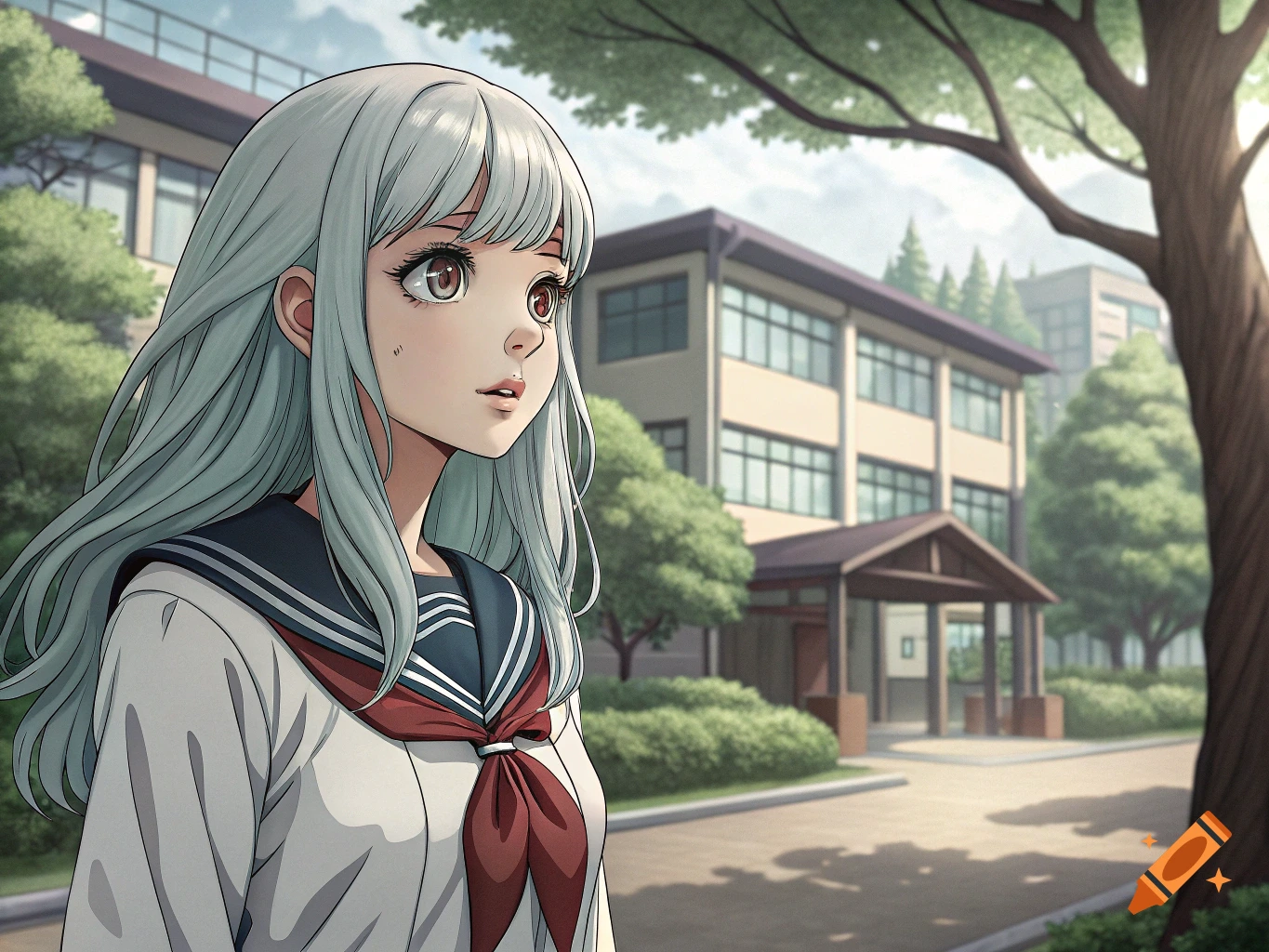 An anime girl with long light grey hair and a school uniform stands ...