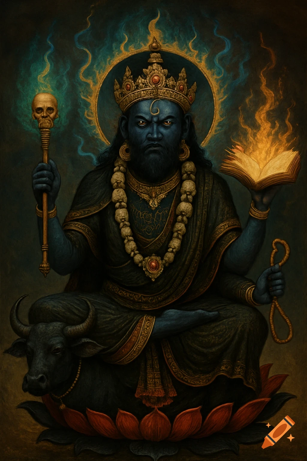 A powerful, dark blue-skinned deity with multiple arms, a crown, and skull necklaces, seated on a black buffalo and red lotus, holding a skull staff, flaming book, and rope, with a golden halo and blue flames.