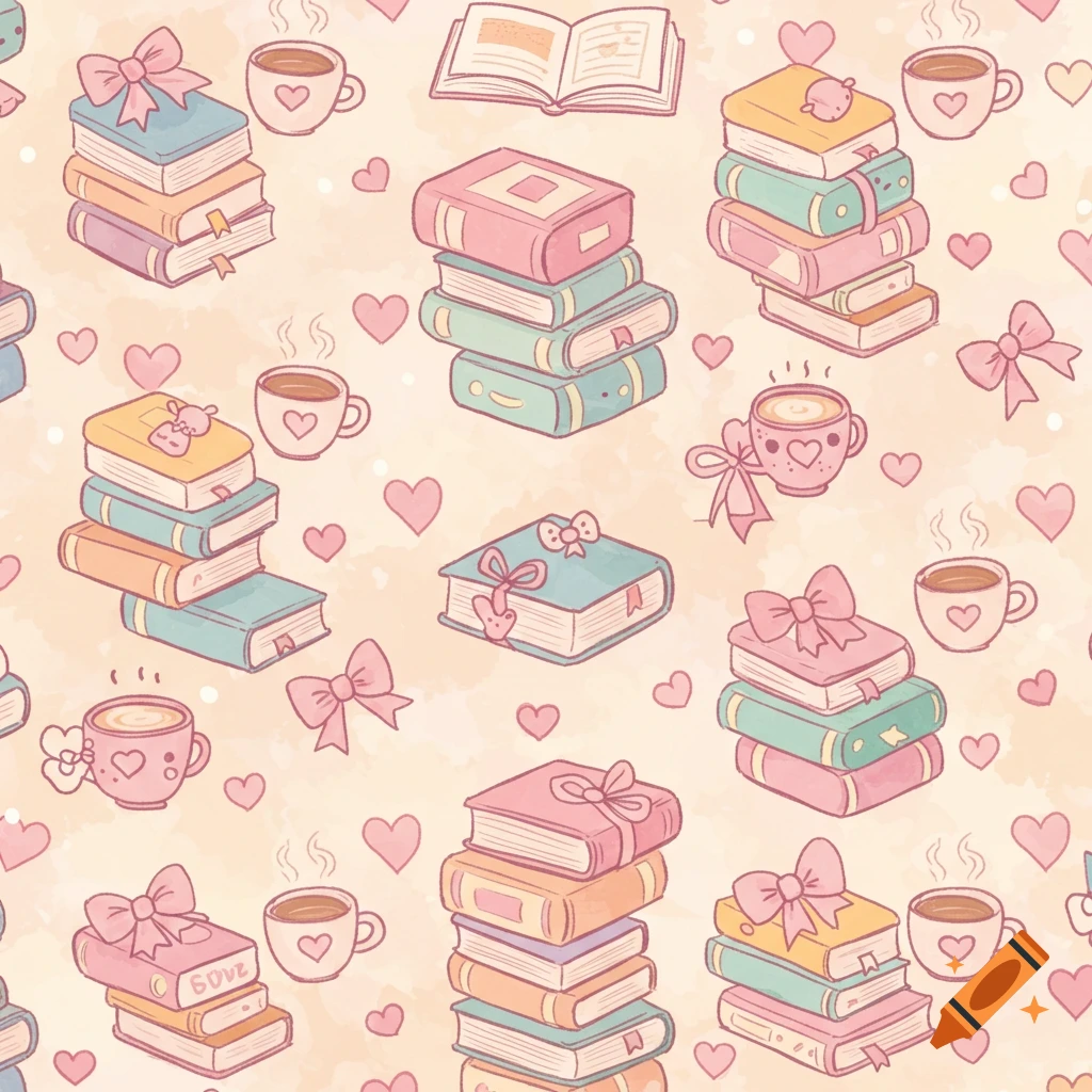 A cute, seamless kawaii pattern featuring pastel stacks of books with bows, hearts, and steaming coffee cups on a light, mottled background.