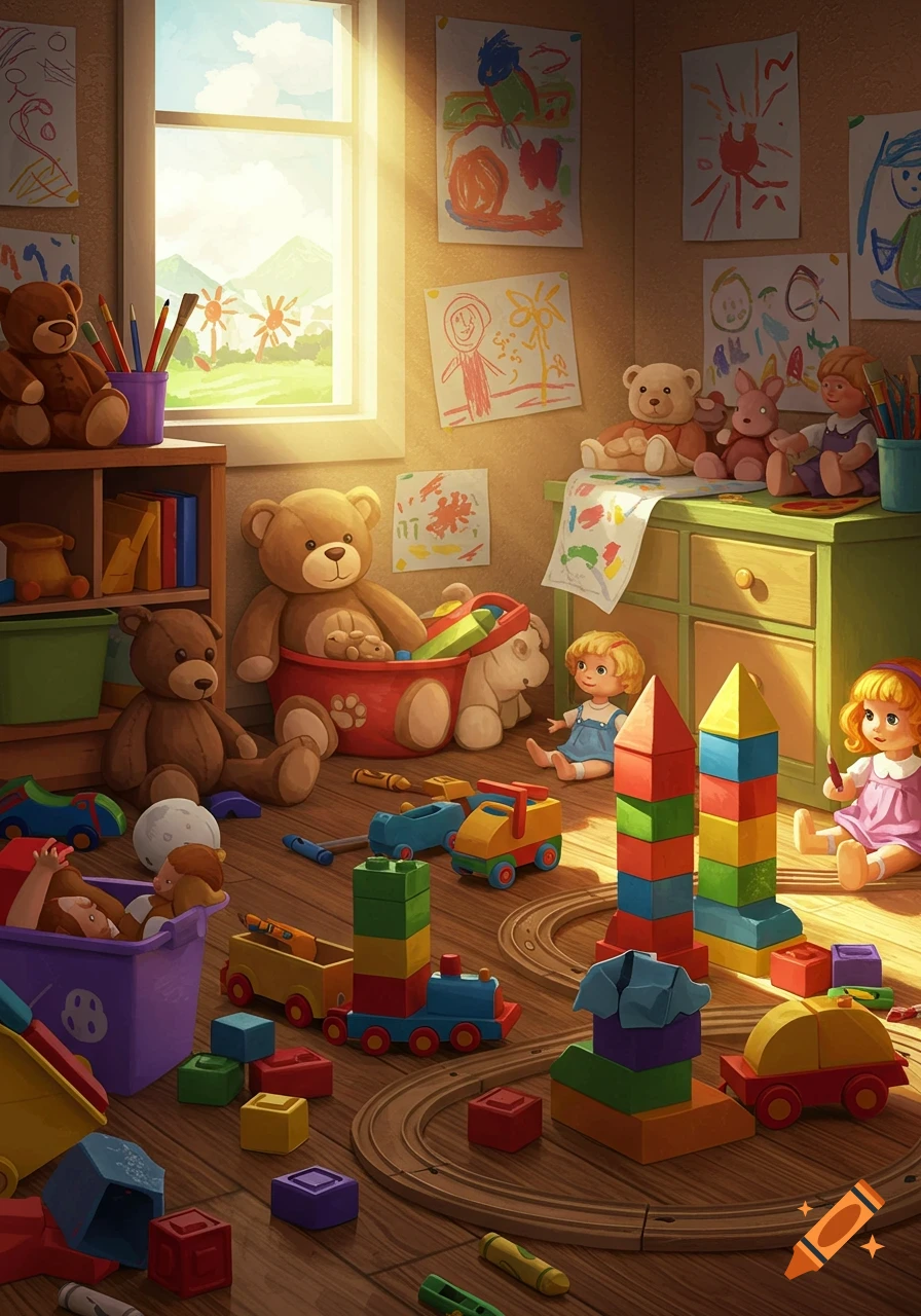 A sunny, detailed illustration of a cluttered playroom with teddy bears, blocks, toy trains, and children's drawings on the walls.