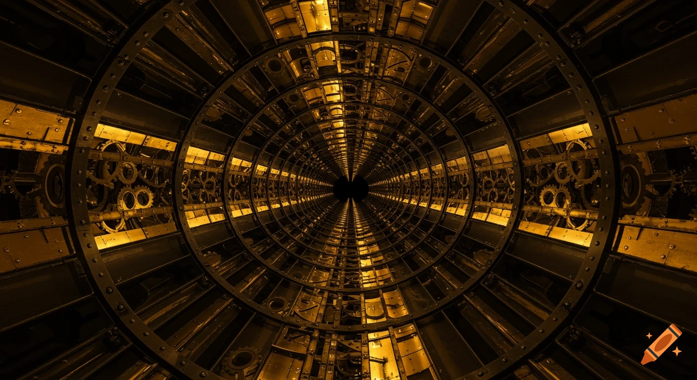 A dark steampunk tunnel with golden gears and metal structures lining the walls, receding into the distance.