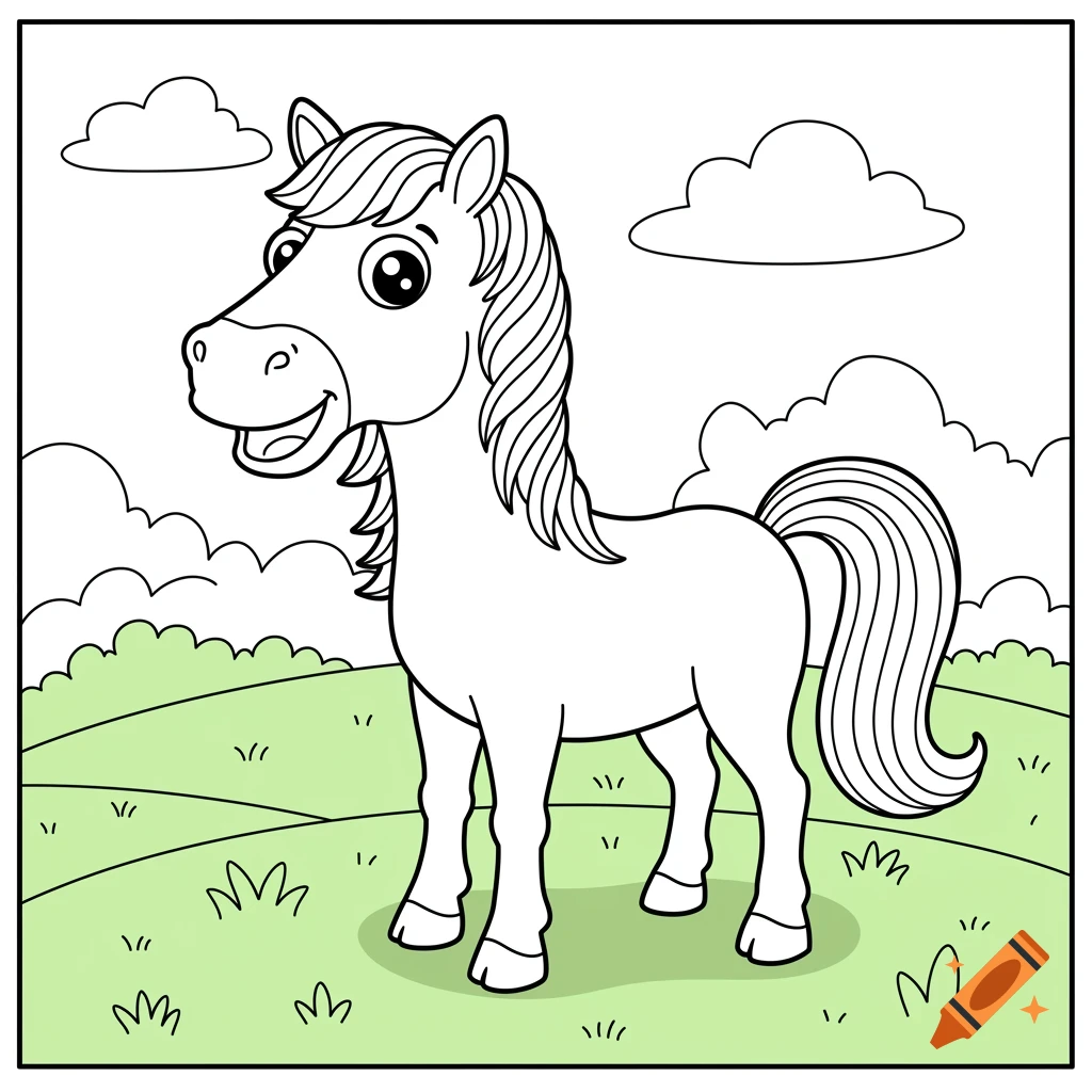 A happy cartoon horse stands in a field with hills and clouds, designed as a black and white coloring page.