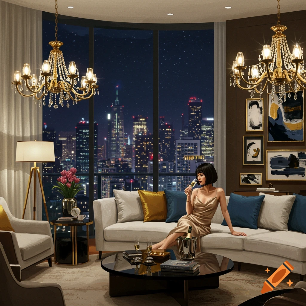 Photorealistic image of a woman in a luxurious apartment living room with a city skyline view at night.