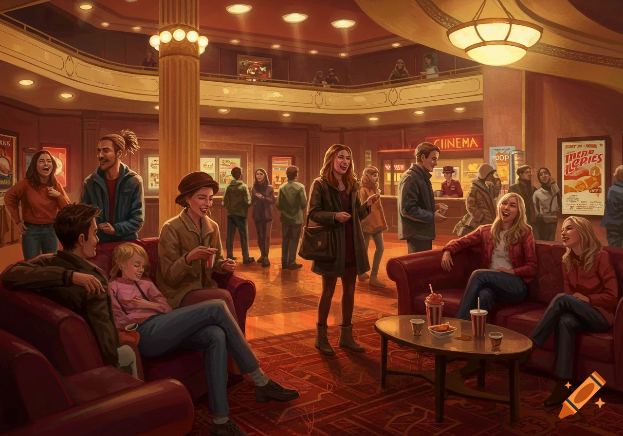 A vibrant illustration of people laughing and interacting in a bustling cinema lobby, featuring a grand staircase and concession stand.