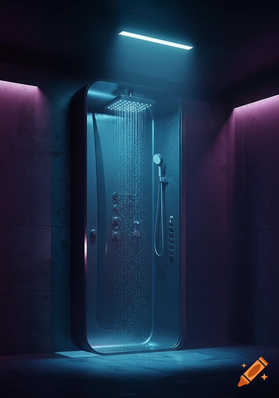 A hyperrealistic futuristic shower illuminated by moody blue and purple neon lights.