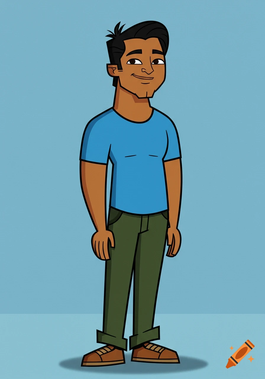 A cartoon male character with dark skin and dark hair, wearing a blue t-shirt, green pants, and brown shoes, stands against a light blue background.