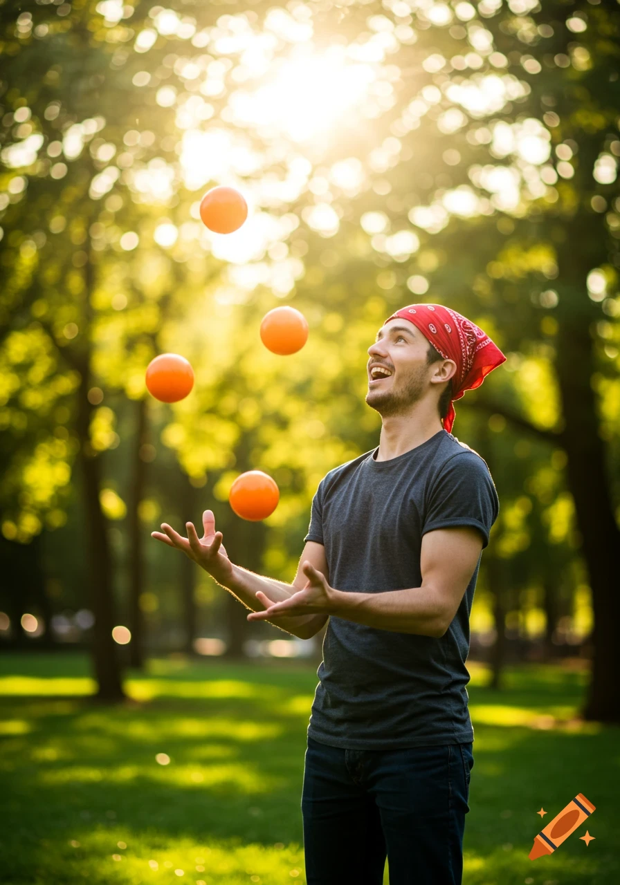 A smiling man in a red bandana juggles three orange balls in a sunny, green park.