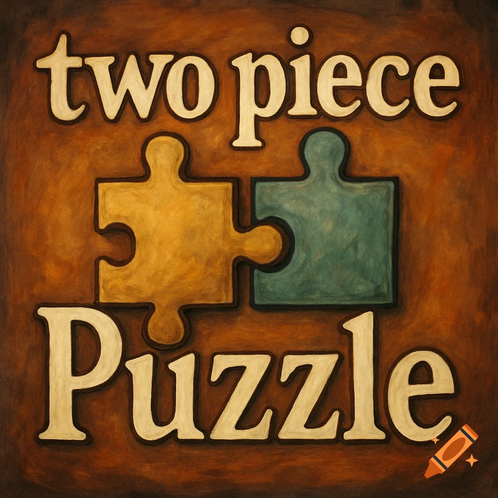 A painterly logo for 'two piece Puzzle' with large white text, featuring interlocking yellow and teal puzzle pieces on a brown background.