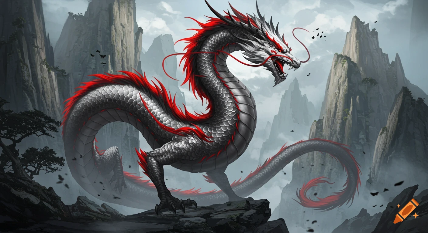 A majestic grey and red Chinese dragon stands in a misty, mountainous landscape.