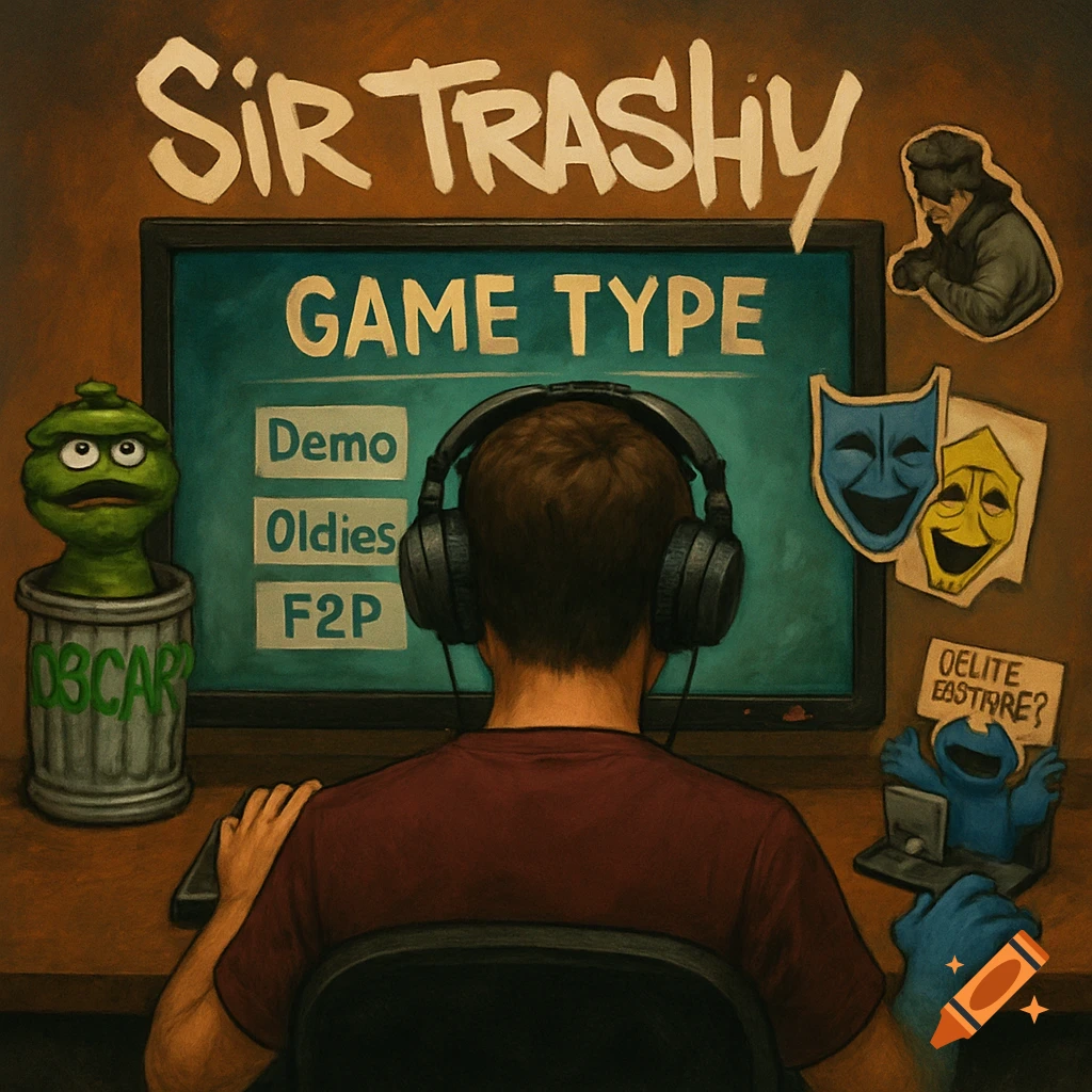 A person viewed from behind, wearing headphones and looking at a computer screen that displays "GAME TYPE" with options "Demo", "Oldies", "F2P". "Sir Trashy" is written above the monitor. Oscar the Grouch and Cookie Monster figures are on the desk, with other cutouts.