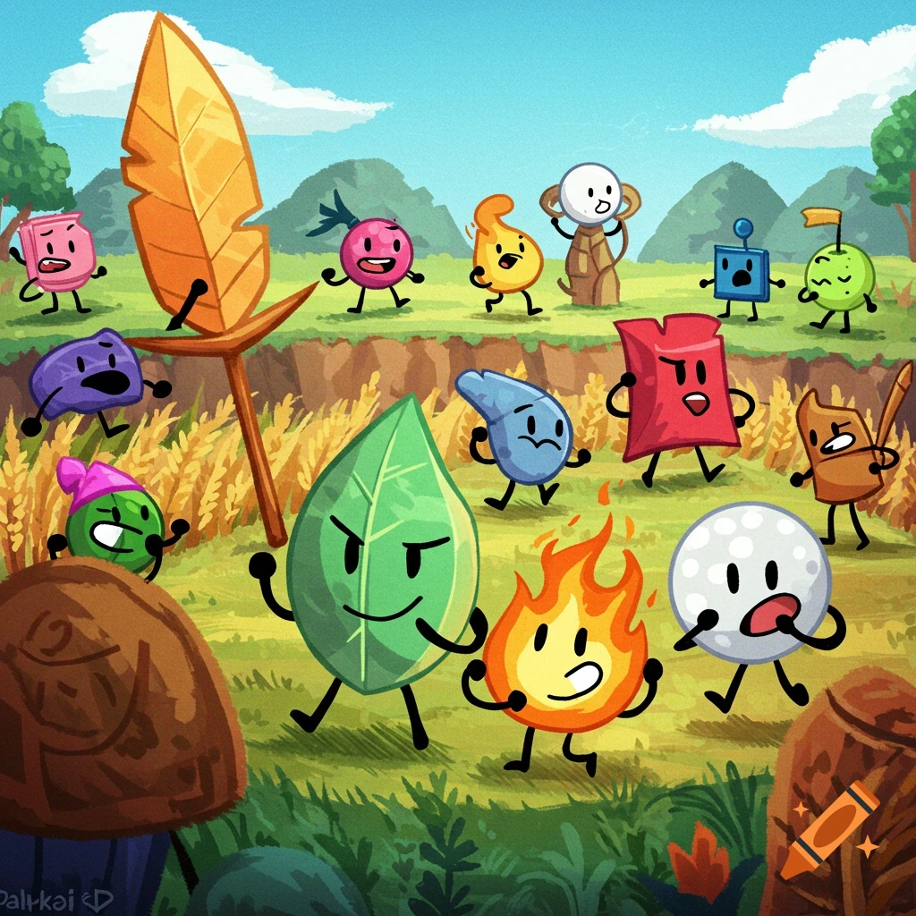 Cartoon characters resembling a leaf, fire, golf ball, and other objects running in a grassy field.
