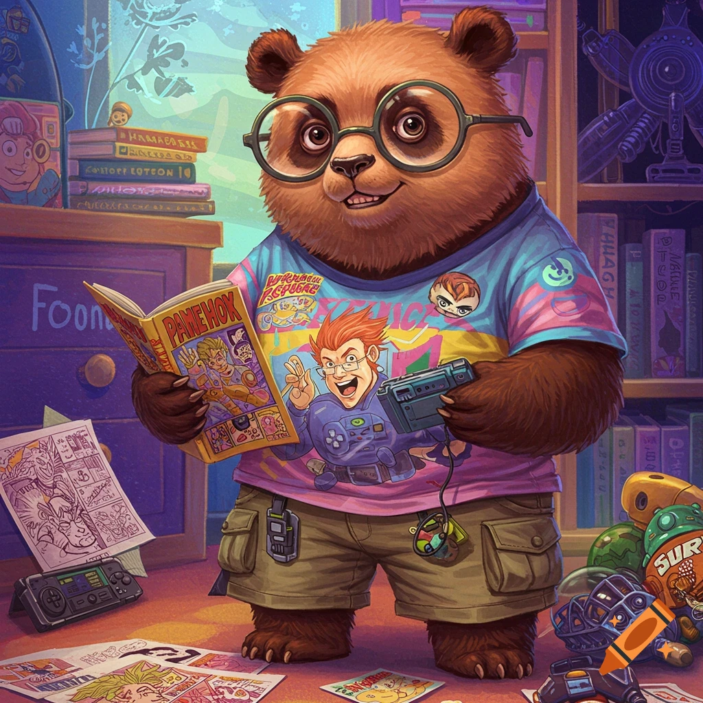 A cartoon panda wearing glasses and a t-shirt, standing and reading a comic book in a messy room filled with books and gaming items.