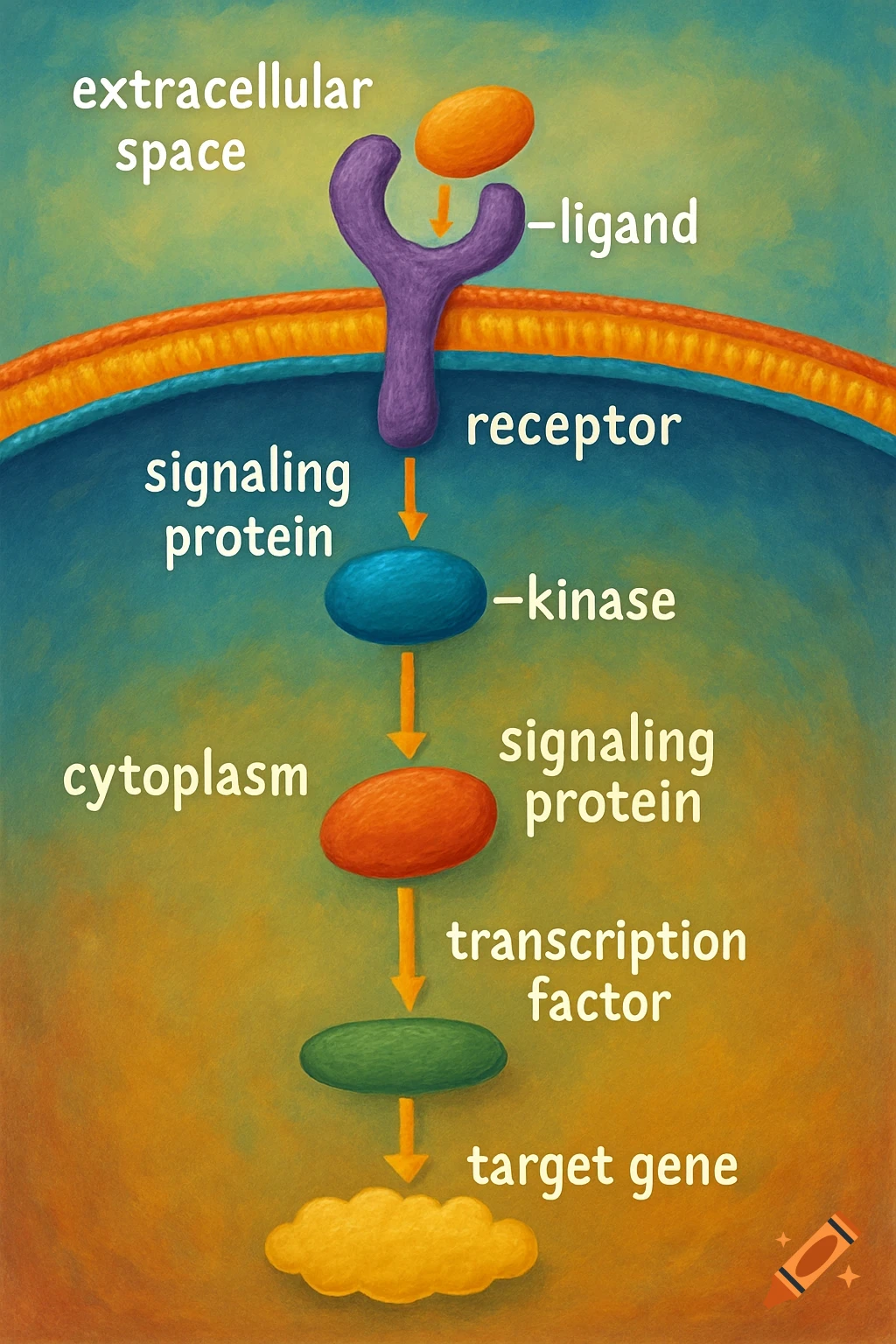 Diagram illustrating a cell signaling pathway from extracellular space to a target gene, with components like ligand, receptor, and kinase labeled.