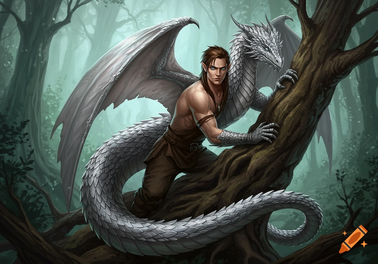 A Man With Elven Features And A White Dragon With A Long Scaled Tail a-man-with-elven-features-and-a-white-dragon-with-a-long-scaled-tail