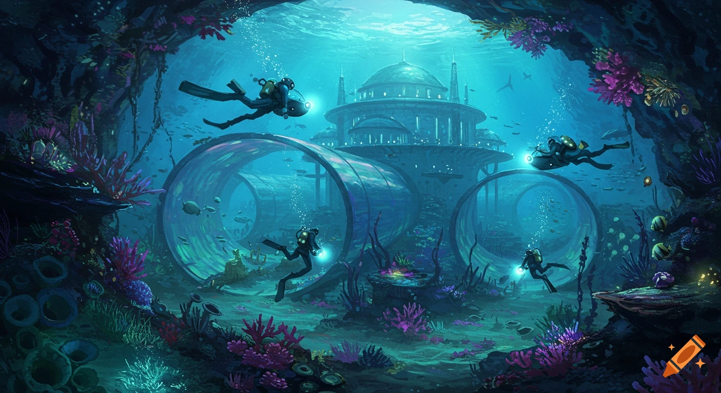 Divers explore a vibrant underwater city with large transparent tunnels, surrounded by coral and marine life.
