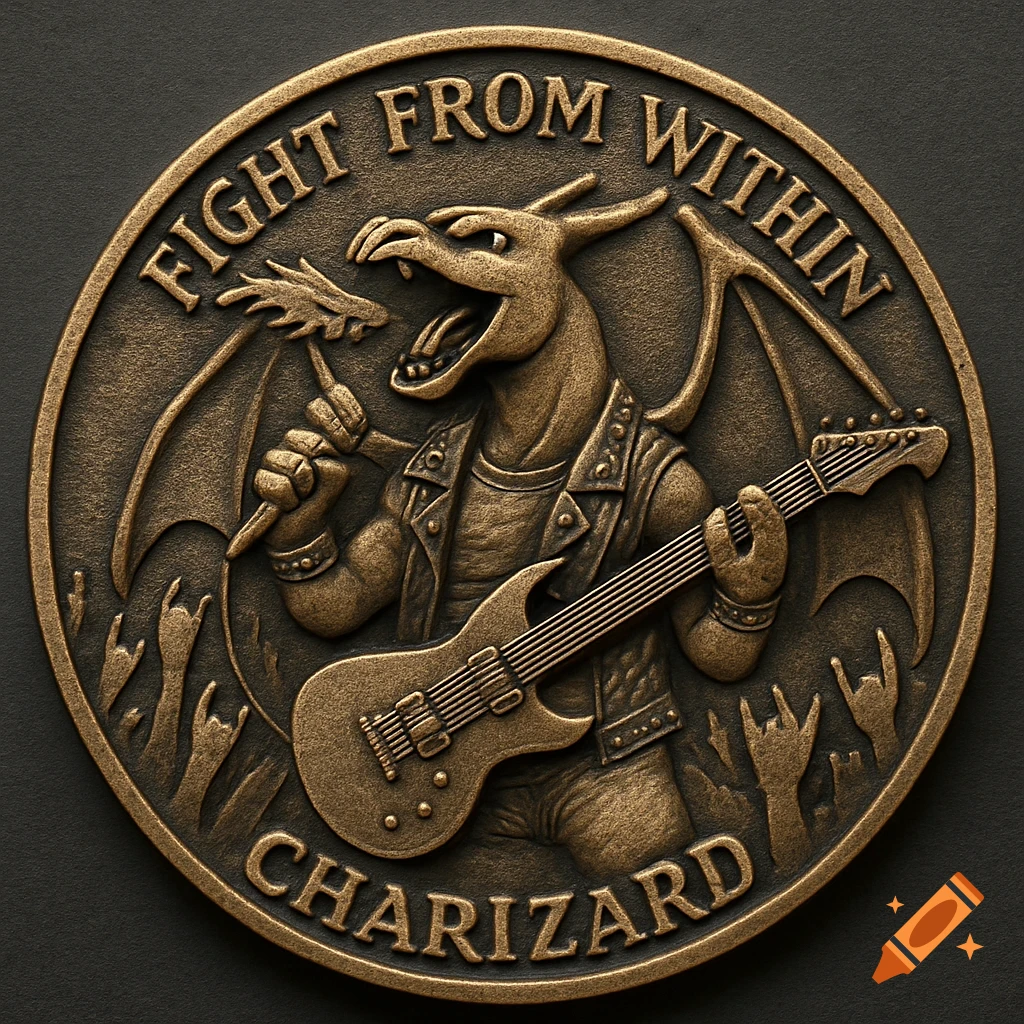 A bronze coin featuring Charizard as a rock musician playing guitar, with text 'FIGHT FROM WITHIN CHARIZARD'.