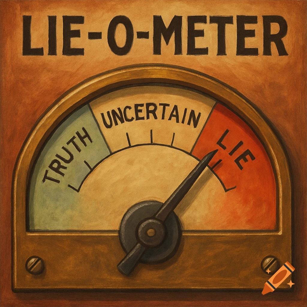A vintage-style Lie-O-Meter gauge with a needle pointing to 'LIE', 'UNCERTAIN', and 'TRUTH' sections, set against a warm, wood-like background.