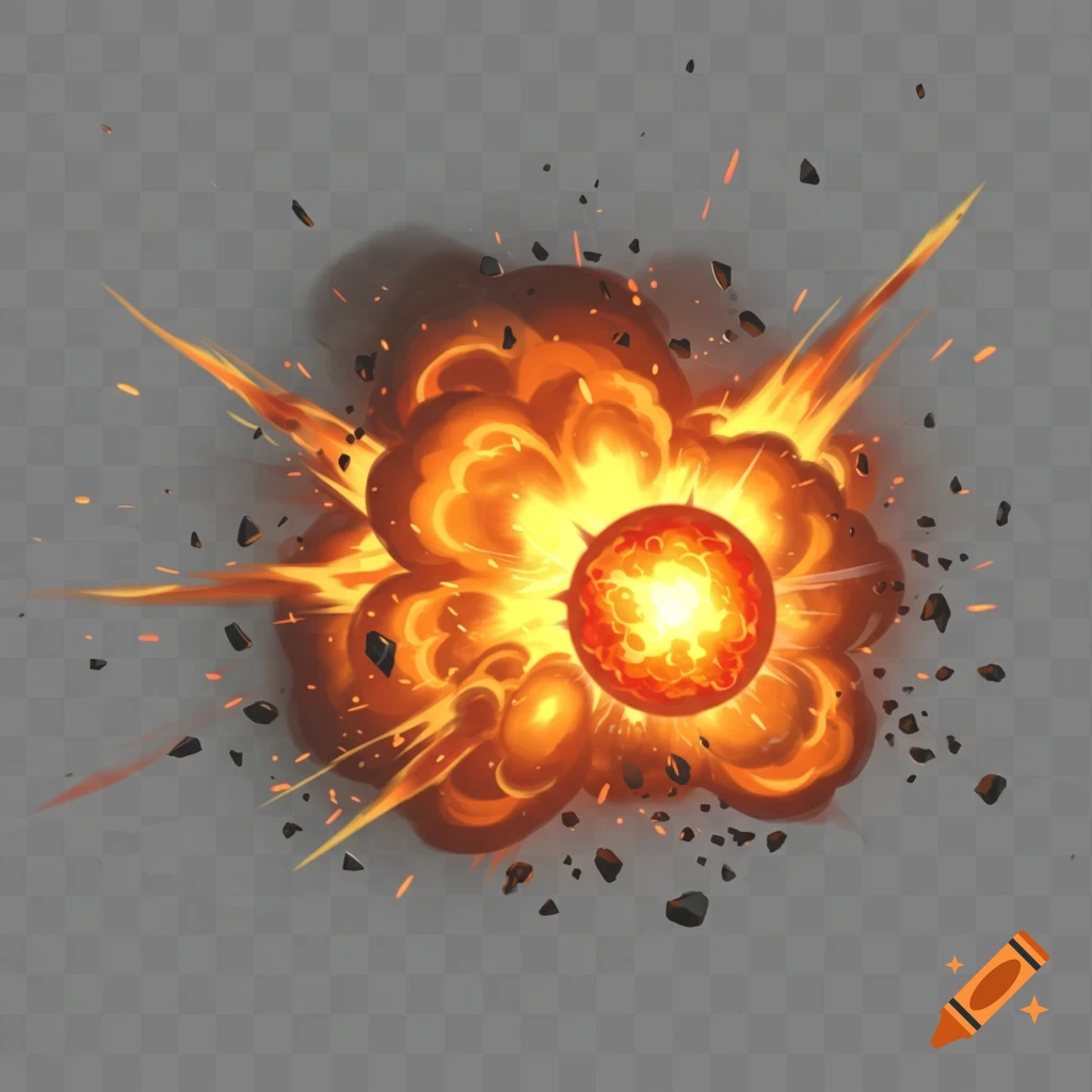 A stylized orange and yellow explosion with a bright center, radiating flames, sparks, and dark debris against a transparent background.