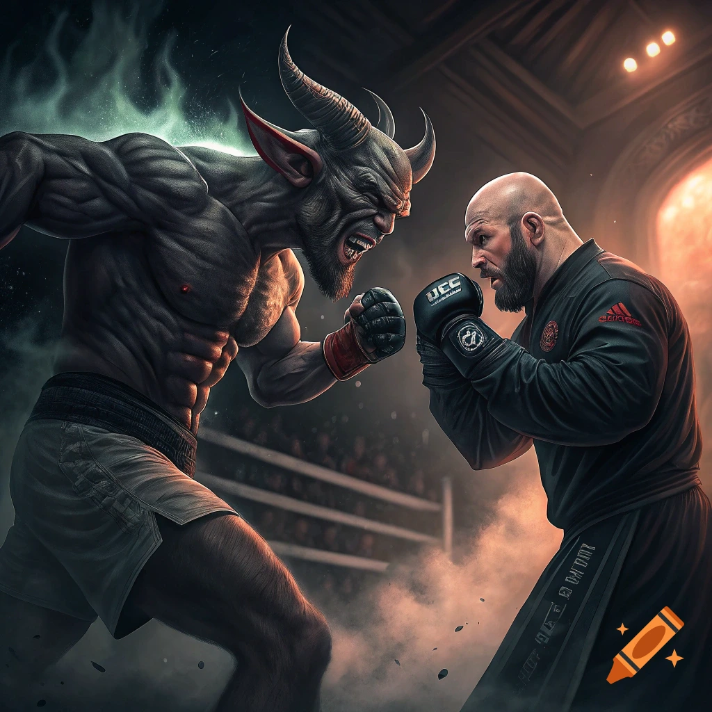 A large, horned demon with glowing green smoke behind him battles a bald, bearded man in boxing gloves and a black fighting uniform. They are in a dimly lit boxing ring, surrounded by smoke and an audience.