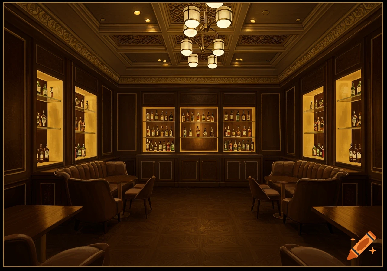 An ornate, dimly lit bar or lounge room with dark wood paneling, upholstered seating, and shelves filled with bottles. A large chandelier hangs from the coffered ceiling.