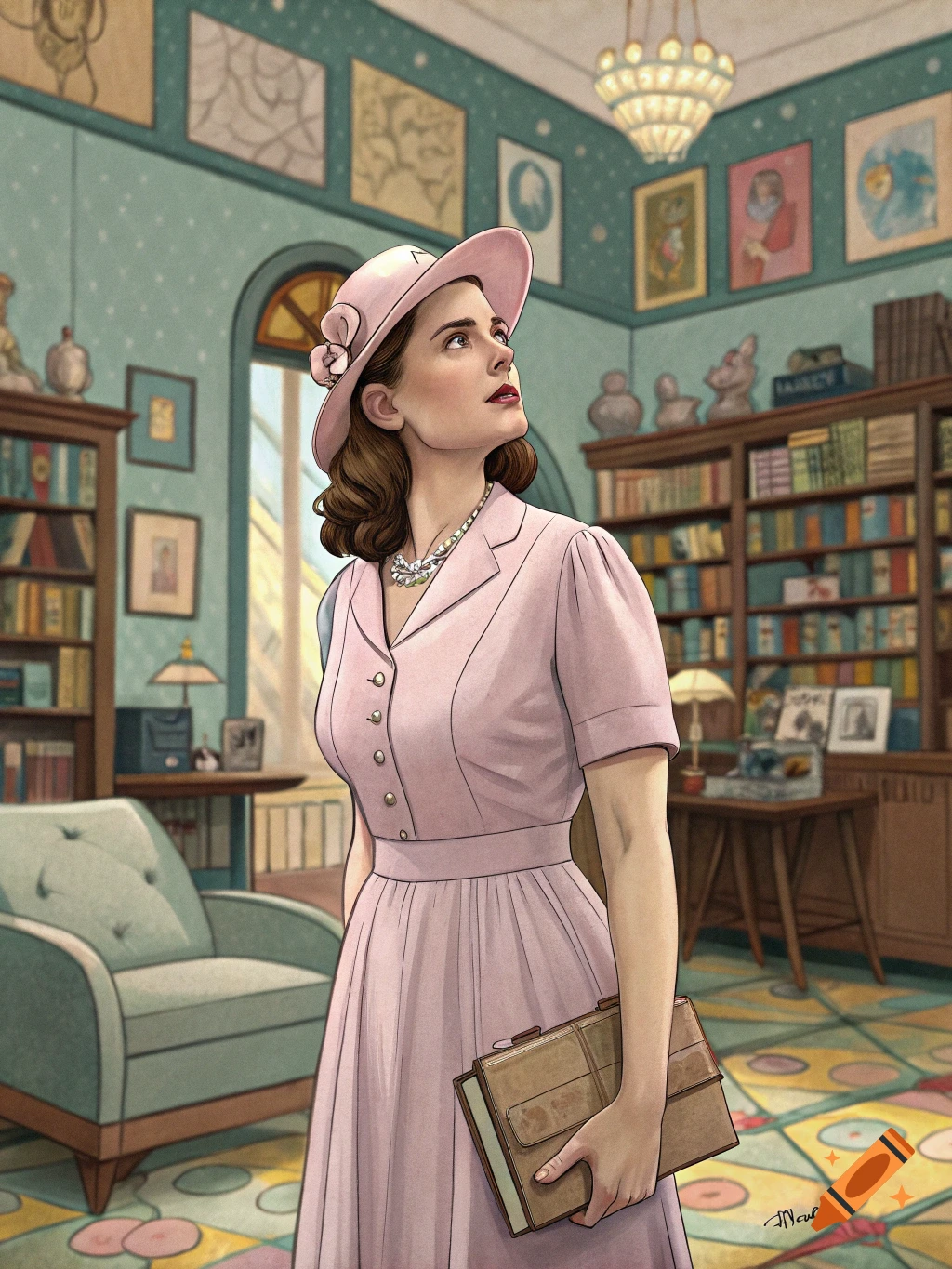 An illustrated portrait of a woman in a pink dress and hat looking up, standing in a colorful, vintage-style library.